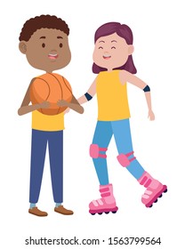 young couple characters playing basketball and skates vector illustration design