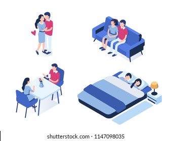 Young couple characters are resting together.  Flat isometric vector illustration isolated on white background.