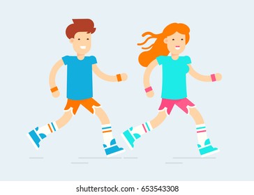 The young couple characters running their workout. Pretty boy and girl in a flat simple cool style. Vector flat illustration. Very easy to edit. 