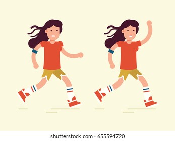 The young couple characters running workout. Pretty girls with the players and the professional app. Vector flat illustration. Very easy to edit. 