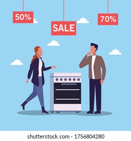 Personajes de pareja joven.  La actividad de compras para el concepto de horno. Diseño de ilustración vectorial.