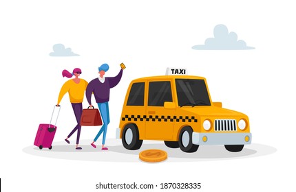 Young Couple Characters Waiting Taxi Car on Street. Transportation Service, Passenger Delivery, Destination. Yellow Taxi Cab Waiting Clients. People Order Auto via App. Cartoon Vector Illustration