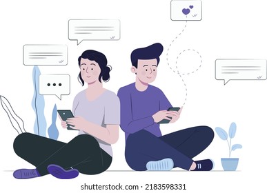 Young Couple Chatting Each Other Concept Flat Design Illustration, Love Chat, Mobile Chatroom App, Online Chat Room, Chatting App, Dating App, Online Chatting, Chatting Birds  