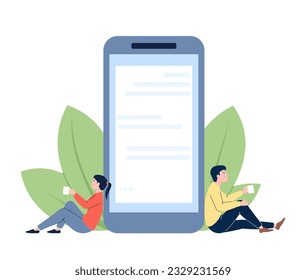 Young couple chatting in internet with smartphone app. Digital relationship, online conversation or work. Flat vector boy and girl sitting near phone
