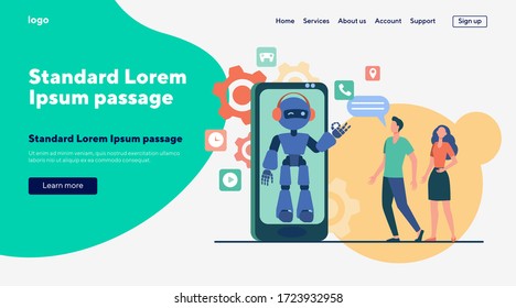 Young couple chatting with robotic assistant on smartphone screen. Chatbot helping customers with their problems. Vector illustration for customer support, help, automatic assistance concept