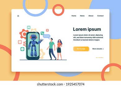 Young couple chatting with robotic assistant on smartphone screen. Chatbot helping customers with their problems. Vector illustration for customer support, help, automatic assistance concept