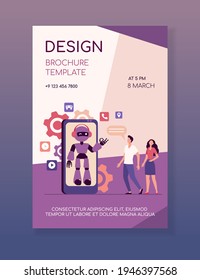 Young couple chatting with robotic assistant on smartphone screen. Chatbot helping customers with their problems. Vector illustration for customer support, help, automatic assistance concept