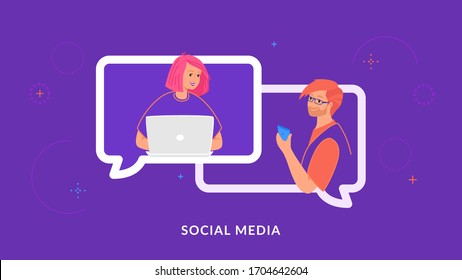 Joven pareja chateando y mandando mensajes de texto en medios sociales usando laptop y smartphone. Ilustración vectorial de línea plana de personas en burbujas de habla, chat, comunicación y conferencia en línea sobre púrpura.