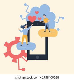 Young couple chatting and texting together in social media using smartphone. Flat line vector illustration of people in speech bubbles of chat, communication and online conference, dating
