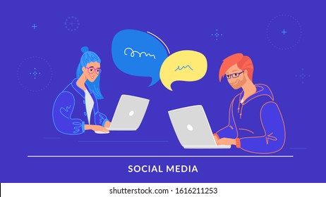 Young couple chatting together in social media using laptop at work desk. Flat line vector illustration of online chat, communication and online conversation. People with speech bubbles on blue