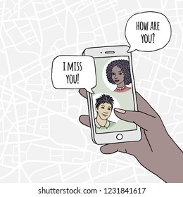 Young couple chatting via social media on their smartphone, concept displaying instant messaging, human hand holding smartphone