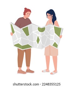 Young couple checking route semi flat color vector characters. Editable figure. Full body people on white. Summer vacation simple cartoon style illustration for web graphic design and animation