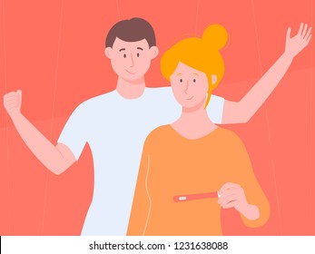 Young couple checks the result of a pregnancy test. He is positive, they will have a child. The joy of husband and wife. Illustration on bright background for articles, Internet sites.