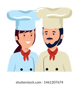 young couple chefs workers characters