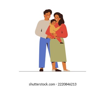 Young couple with child embrace together. Woman and man hold their baby boy with love and care. Family and childhood concept. vector illustration. 