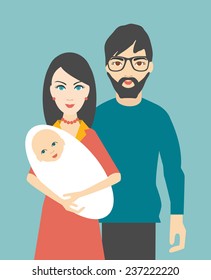 Young couple with child. Family. Flat design.