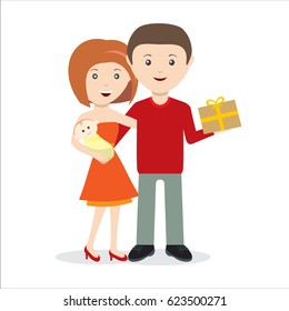 Young couple with child and gift happy