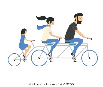 Young couple with child riding bicycle. Hipster style