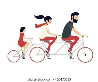Young couple with child riding bicycle. Hipster style