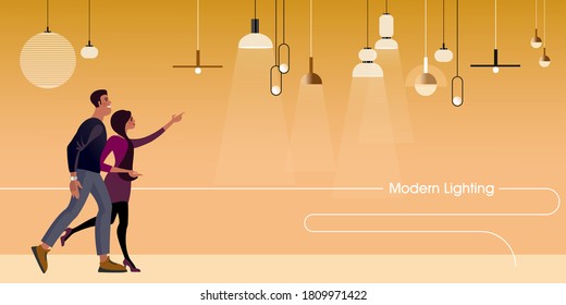 Young couple chooses a ceiling Pendant Light feature. Vector mockup for a layout landing page or design advertising banner.