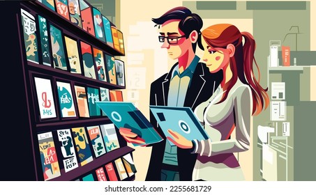 young couple choosing books to buy in bookstore man woman standing by shelves with different literature