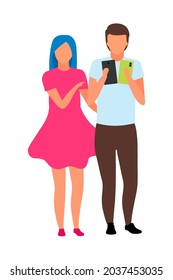 Young couple choosing phone model semi flat color vector characters. Full body people on white. Girl asking about gadgets isolated modern cartoon style illustration for graphic design and animation