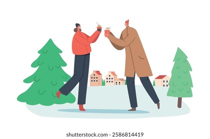 Young Couple Christmas Fun, Male and Female Characters in Warm Clothes Enjoying Winter Drinks. People Drinking Beverages