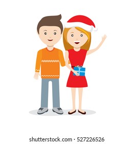 Young couple with Chritmas gift flat characters