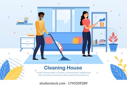 Young couple cleaning house together with the husband vacuuming while his young wife dusts, colored vector illustration