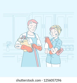 Young couple cleaning household with different equipment