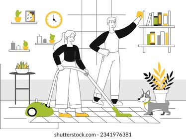 Young couple cleaning line. Man with rag and woman with vacuum cleaner. Routine and household chores, hygiene and cleanliness. Comfort and coziness. Linear flat vector illustration