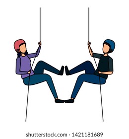 young couple climbing with ropes characters