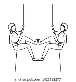 young couple climbing with ropes characters