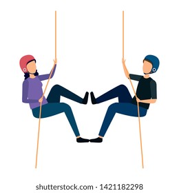 young couple climbing with ropes characters