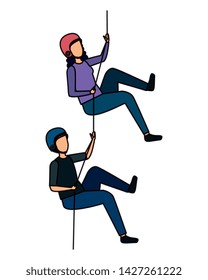 young couple climbing with ropes characters