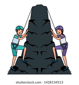 young couple climbing with ropes characters