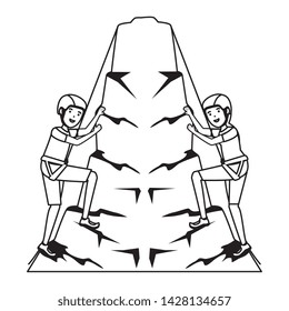 young couple climbing with ropes characters