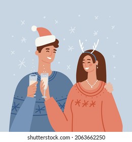 Young couple clinking glass. Christmas toast concept. Covely couple celebrating winter holidays. Happy new year banner. Merry christmas concept. Flat vector illustration.