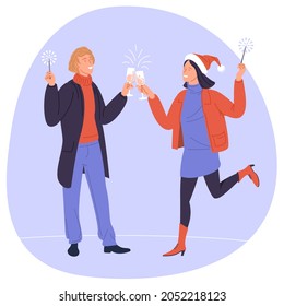 Una pareja joven cojeando un vaso. Diseño plano vectorial concepto de tostadas navideñas. Feliz año nuevo. Feliz Navidad.