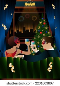 Junge Paare, die Glas hacken. Vektor-Weihnachtsgeruch-Konzept. Alles Gute zum neuen Jahr! Frohe Weihnachtsferien.