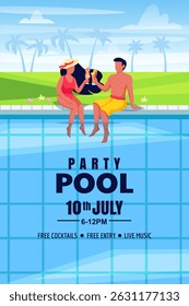 Jovem casal com coquetéis na festa da piscina de verão. Ilustração de personagens de desenhos animados planos vetoriais. Homem e mulher de biquíni e maiô têm férias perto da piscina. Plano de fundo paisagem resort