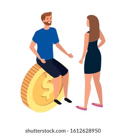 young couple with coin isolated icon vector illustration design