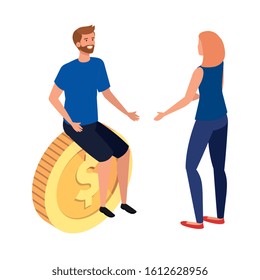 young couple with coin isolated icon vector illustration design