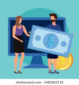 young couple with coins and bills money characters
