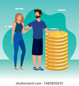 young couple with coins money avatars characters