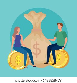 young couple with coins money avatars characters