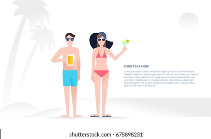 Young couple with cold drinks are resting on the beach. Travel, summer vacations, hotel services concept. Flat vector illustration with gradient background with landscape