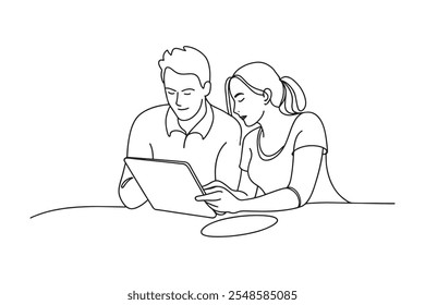 Young couple collaborating on a tablet continuous line art flat vector illustration