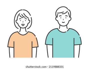 A young couple in a color T-shirt. Cartoon style vector illustration.