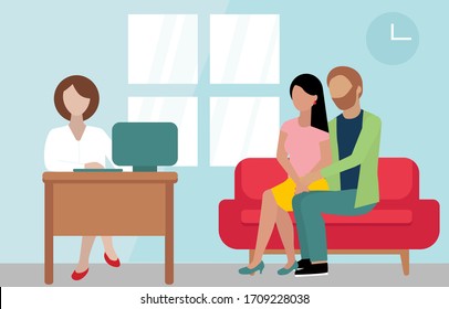 a young couple come to doctor. Wife and husband are sitting on the red sofa in therapist's cabinet. Medicine concept. Family doctor, reproductive. vector illustration in Flat style